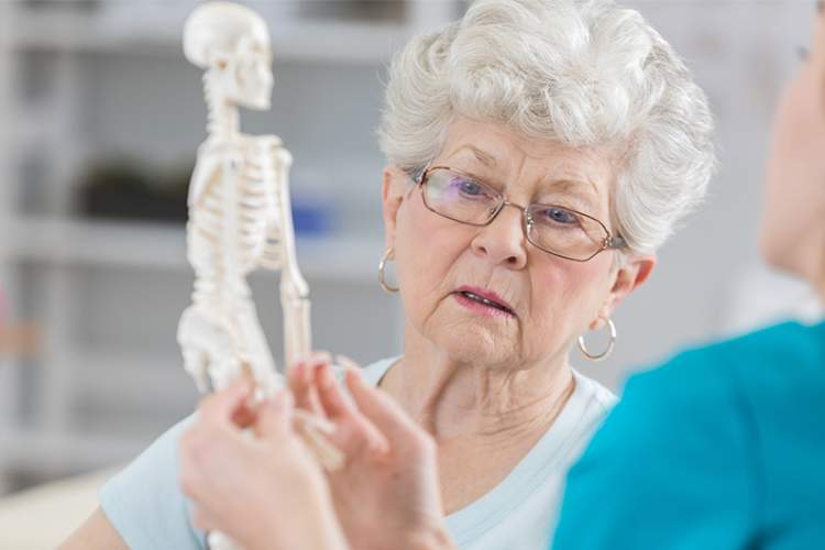 高级妇女骨质疏松症看着骨架模型。