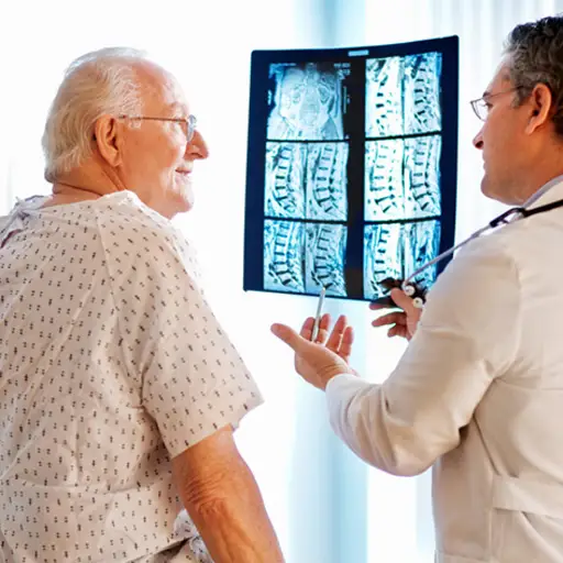 患有骨质流失的老年男子与医生谈论x光。