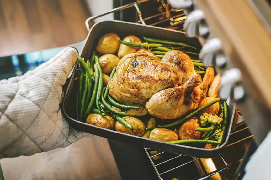 在烤箱中脱离烤鸡和蔬菜的健康晚餐。