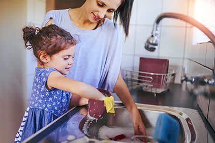 母亲和女儿洗碗。