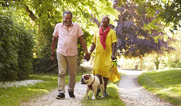 快乐的情侣在公园遛狗。