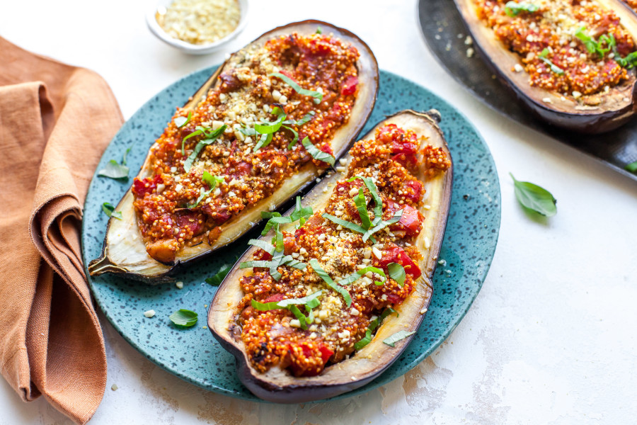 Moroccan Quinoa Stuffed Eggplant With Pine Nut Parmesan Recipe