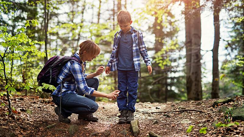 母亲对她的儿子喷洒喷雾驱虫剂。