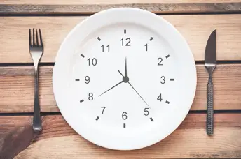 叉子和刀子旁边的一块板上有一个时钟的。