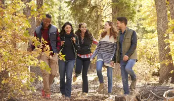 远足在森林和笑和谈话的小组年轻成人朋友