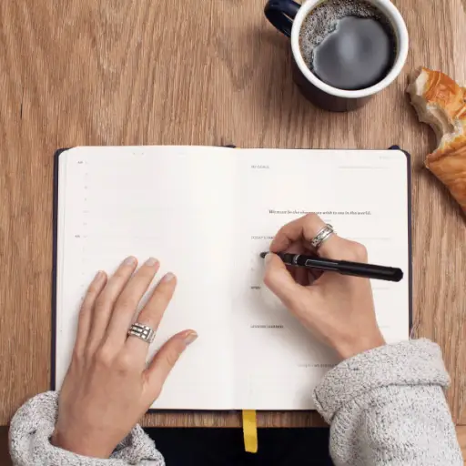 写日记，手放在咖啡和羊角面包旁边