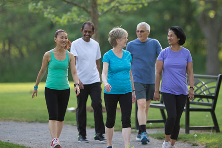 一群成年人在公园里散步。