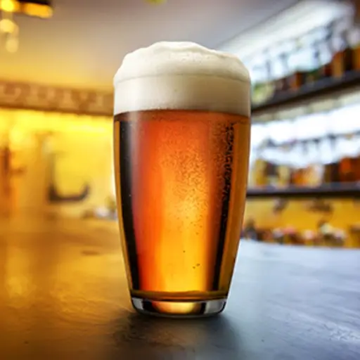Beer in glass on bar.