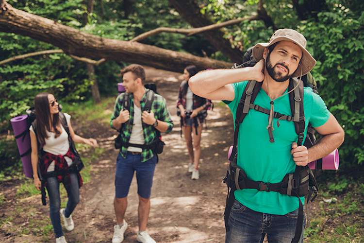 在树林里徒步旅行,被蚊子骚扰。