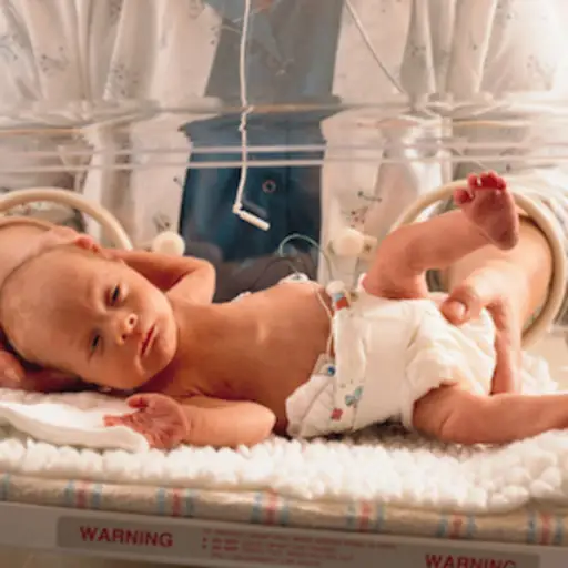 早产儿在医院医生的孵化器中铺设在伸手伸出手中。