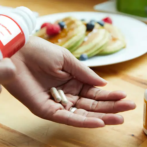 hand pouring out dietary supplement with breakfast