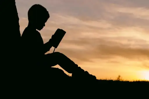 夕阳下阅读的男孩剪影