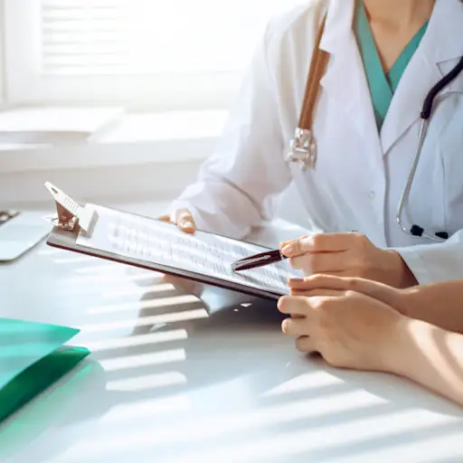 医生和病人正在诊所讨论一些事情,请把手放在桌子上