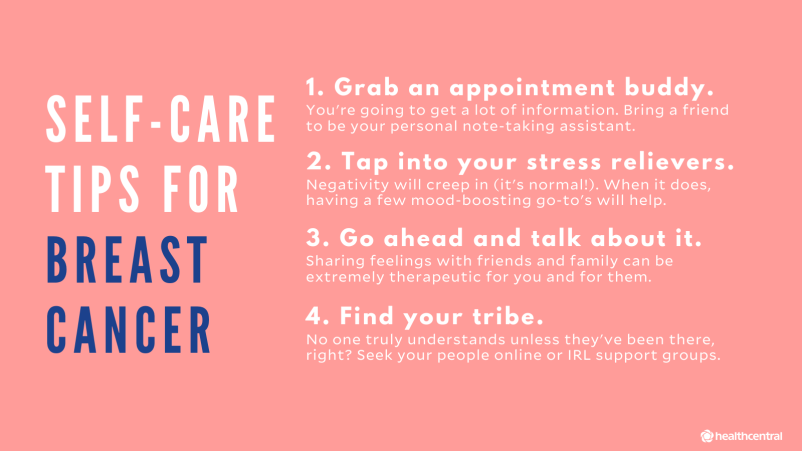Self-Care Tips for Breast Cancer, appointment buddies, stress relievers, talk to friends and family, find support breast cancer support groups