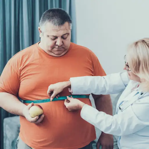 医生测量肥胖男子。