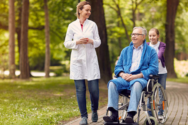 姑息治疗护士轮椅的患者。