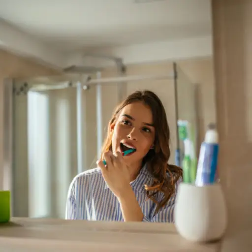 一个年轻女人在对着镜子刷牙