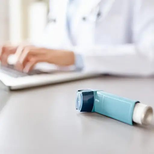 Asthma doctor typing on a laptop.