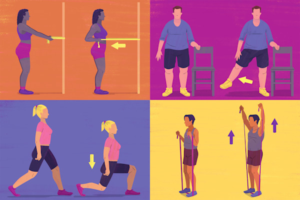 4 MS练习插图-阻力带排,站立抬腿,固定弓箭步和肩部推举