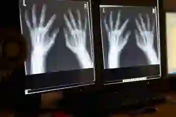X-rays of hands are visible on a computer screen