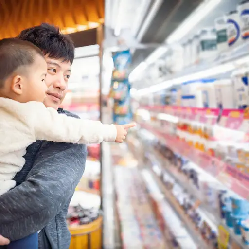 男人和他的儿子在奶制品通道购物。