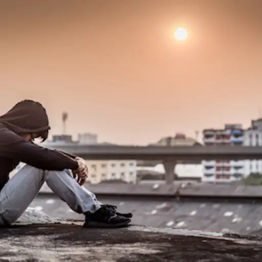 抑郁发作的男人坐在屋顶上。