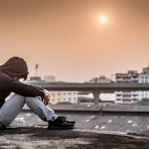 Man in depressive episode sitting on roof.