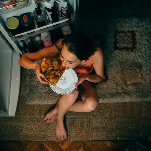 妇女坐在冰箱前面的地板在晚上吃薄饼