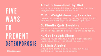 Five ways to prevent osteoporosis include bone-healthy diet, weight-bearing exercise, quit smoking, get enough sleep, limit alcohol.