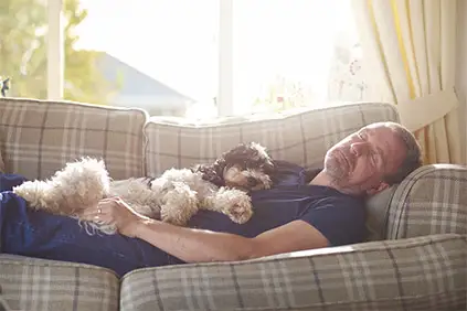 男人和狗躺在家里的沙发上。