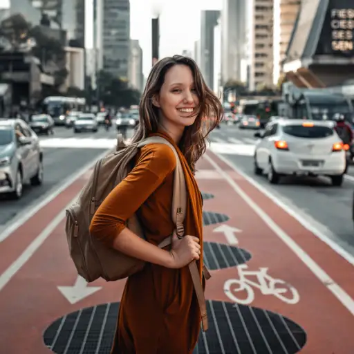 妇女微笑的佩带的背包在城市