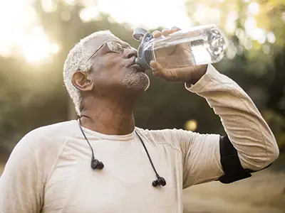 一个年长的人用水瓶喝水。