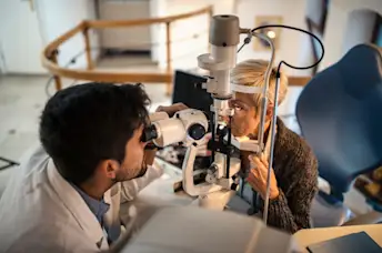 年轻眼科医生检查老年妇女视力