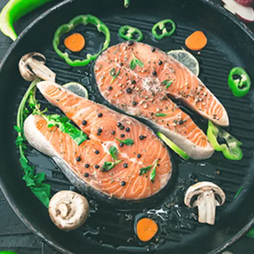 Salmon and vegetables.