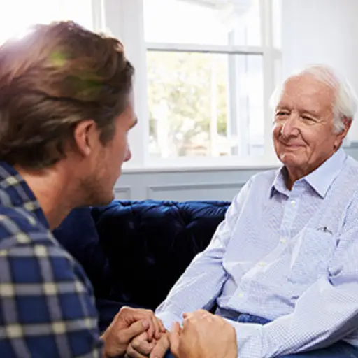 成人儿子谈话与年长父亲。