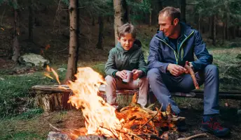 坐在篝火附近的父亲和儿子。