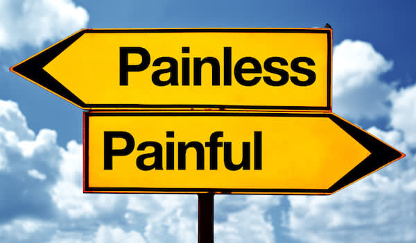 指向相反方向的无痛和疼痛街道标志。