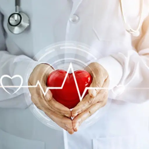 Doctor with stethoscope and red heart shape with icon heartbeat in hands.