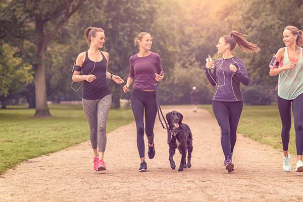 三个女人在公园里锻炼和遛狗。