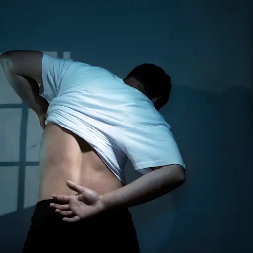 Man with back pain getting undressed at night.