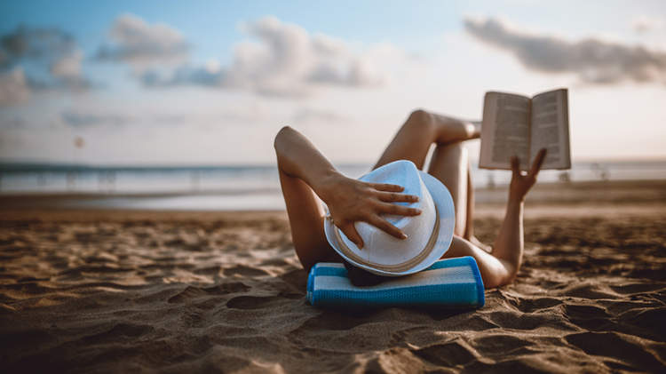 女人读一本书在海滩上。