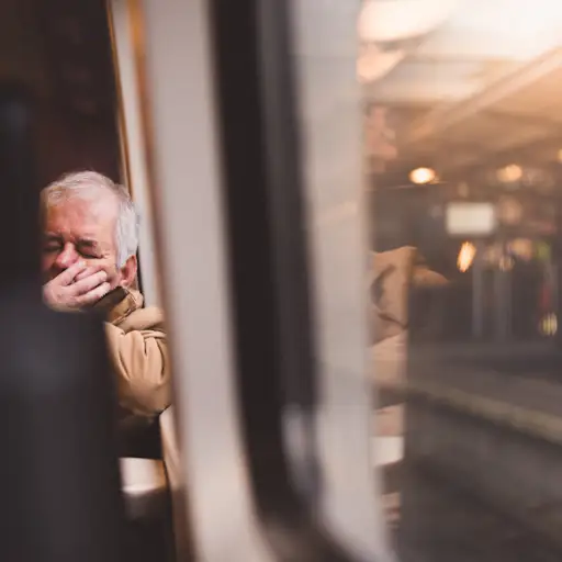 senior man sleeping on train