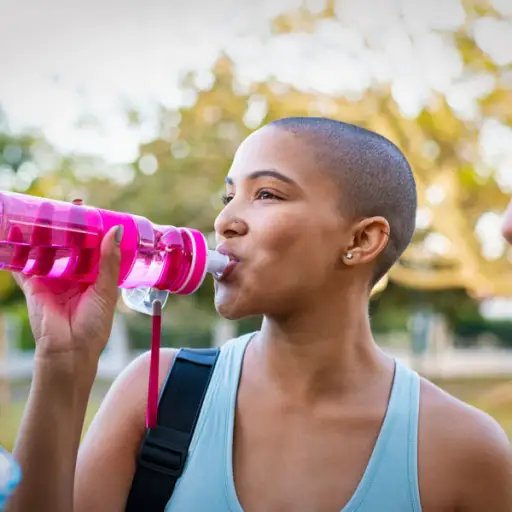 一个光头女子用粉红色的可重复使用的水瓶喝水