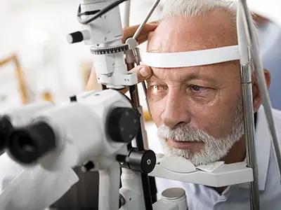 Senior man getting an eye exam from an optometrist.