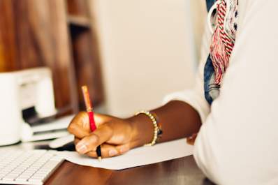 Close up on hands penning a letter