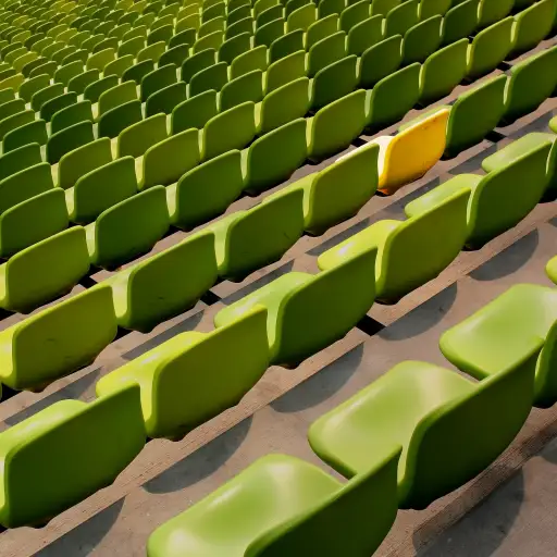 充满绿色椅子的体育场，一把椅子是黄色