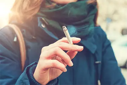 女人穿着冬天的夹克和围巾抽着烟。