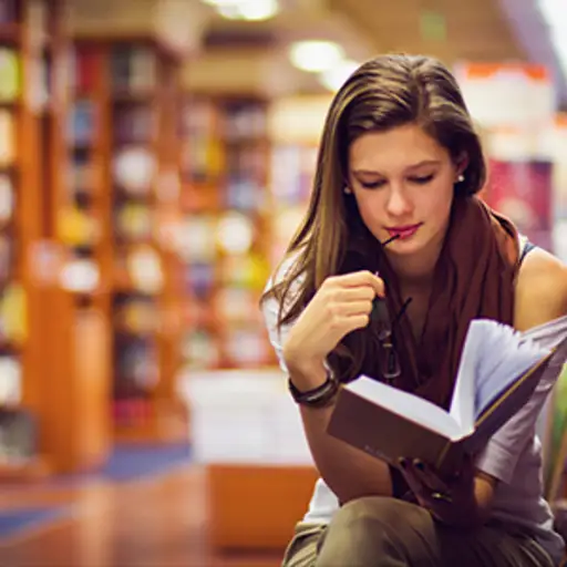 读书在图书馆里的女孩。