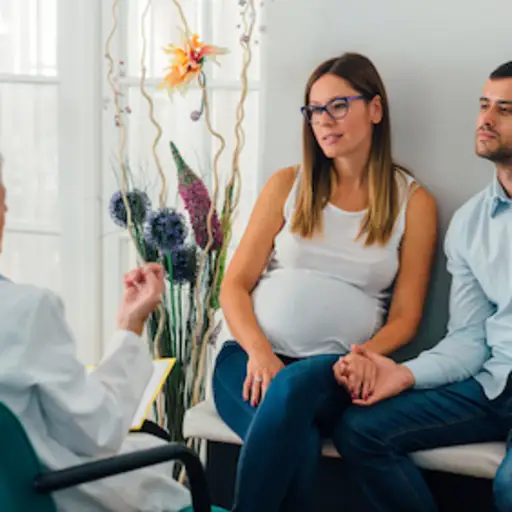 怀孕的夫妇谈话与医生在截止日期前。