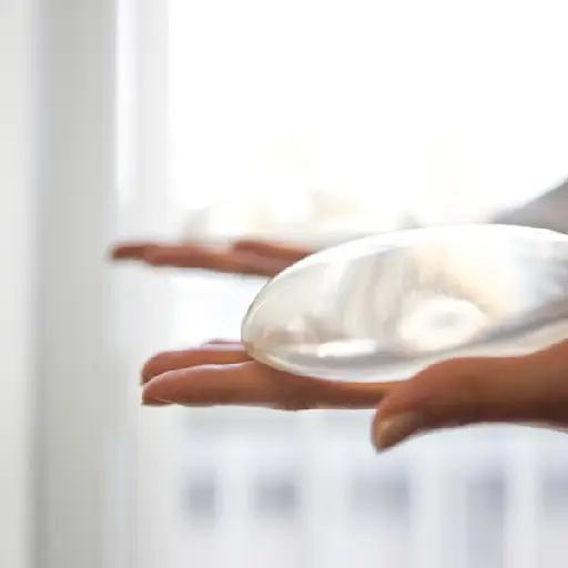 拿着乳房植入的妇女的手